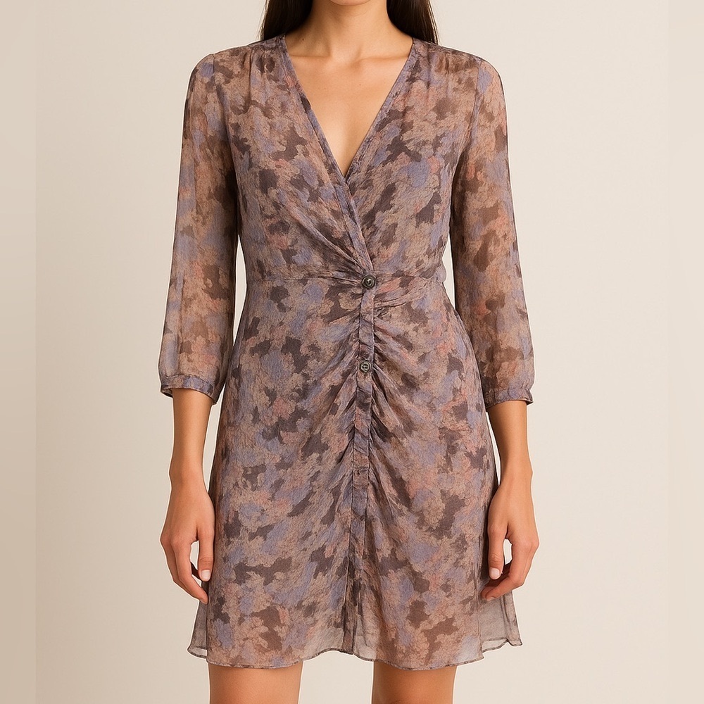 IRO Paris Silk‎ Chiffon Sheer Abstract Print Ruched Button Dress Size 44